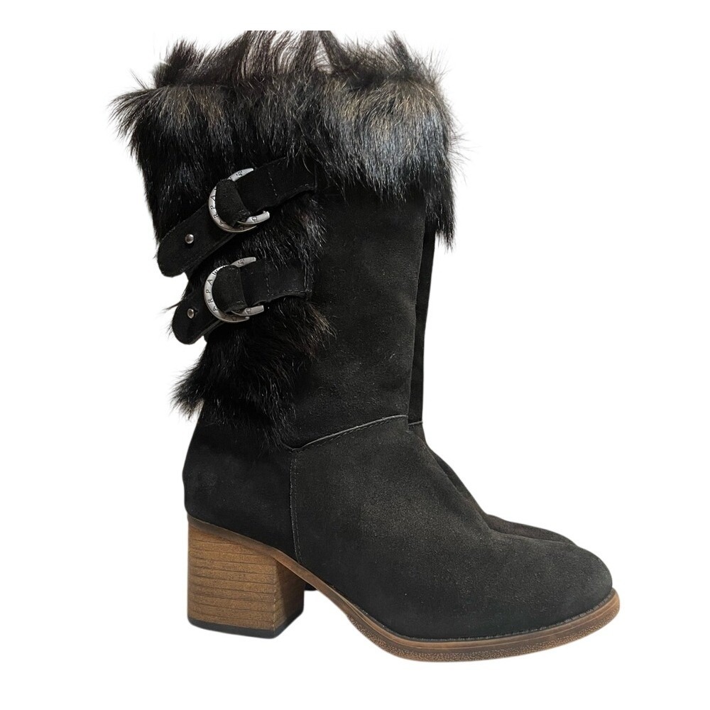 BearPaw Madeline Black Fur-Trimmed Heeled ‎ Boots Women's 7